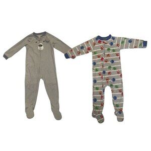 Football Print & Bear Face Fleece Footed Pajamas Costume Zip Closure 2Pk Size 3T